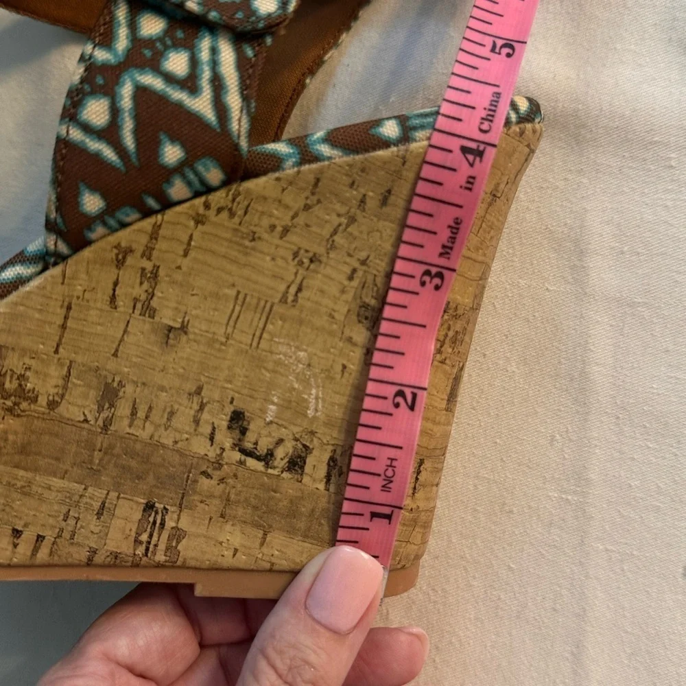 Christian Siriano Blue & Brown Ikat Cork Wedges Size 11 Boho Eclectic Classic